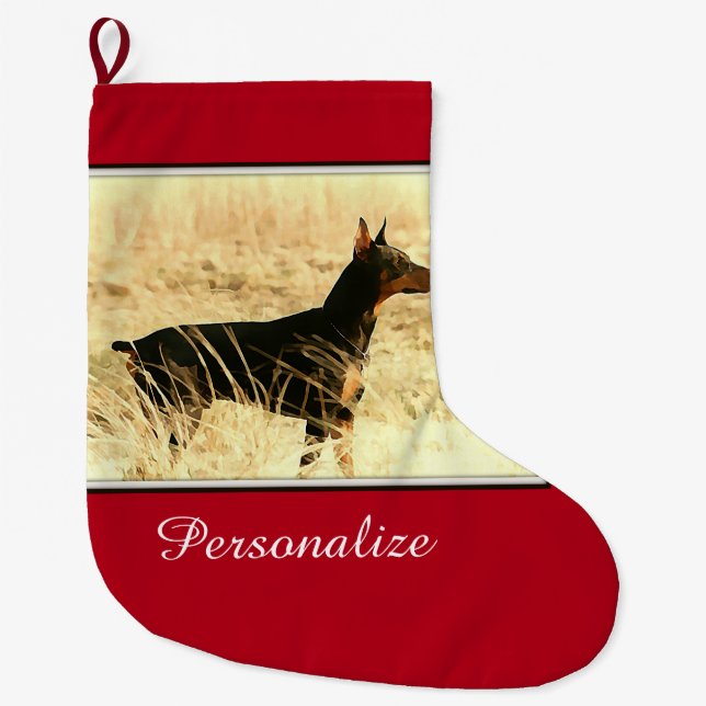Doberman in Dry Reeds Painting Image Large Christmas Stocking (Front)