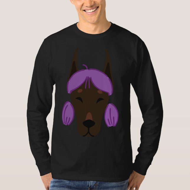 Doberman in Wigs Funny Purple T-Shirt (Front)