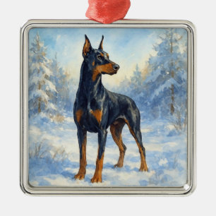 Doberman in Winter Snow Metal Ornament