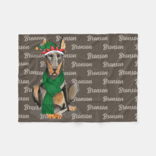 Doberman on Green with Name Christmas Dog Fleece Blanket