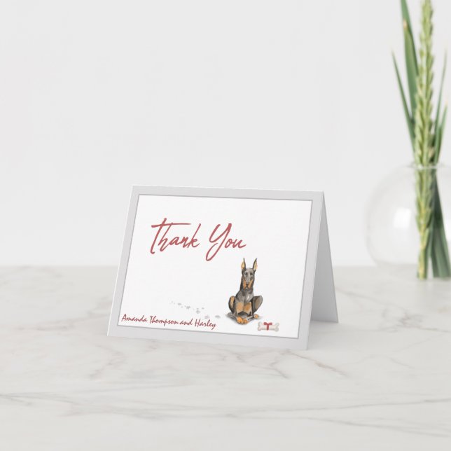 Doberman Pet Dog Personalize Bone Ribbon  Thank You Card (Front)