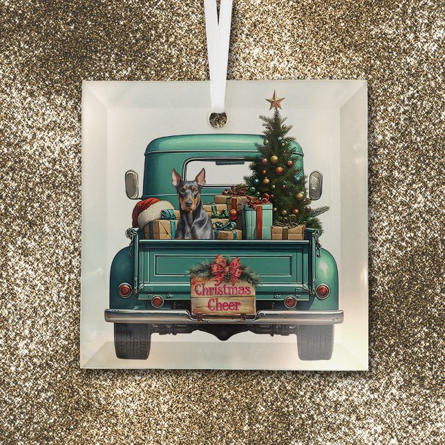 Doberman Pincher Dog Retro Truck Christmas Glass Ornament (Creator Uploaded)