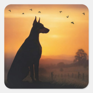 Doberman Pincher Silhouetted Sunset Square Sticker