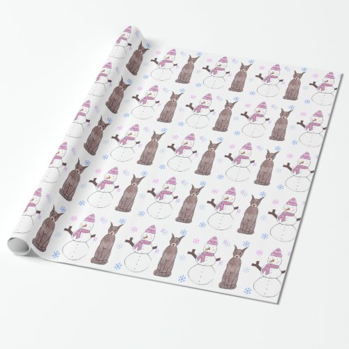 Doberman Pinscher And Snowman Wrapping Paper