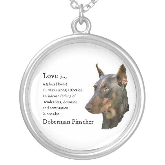 Doberman Pinscher Art Love Is... Silver Plated Necklace (Front)