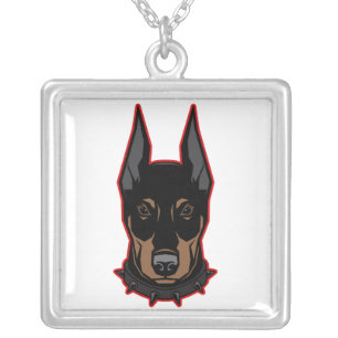 Doberman Pinscher Black & Red Gift Silver Plated Necklace