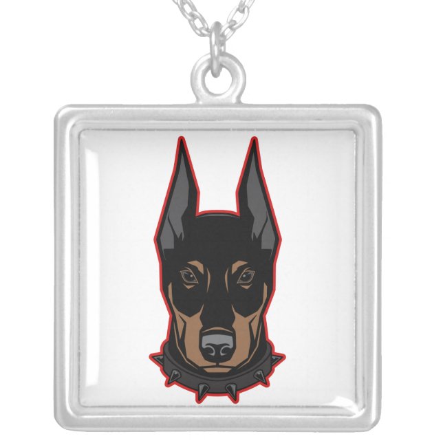 Doberman Pinscher Black & Red Gift Silver Silver Plated Necklace (Front)