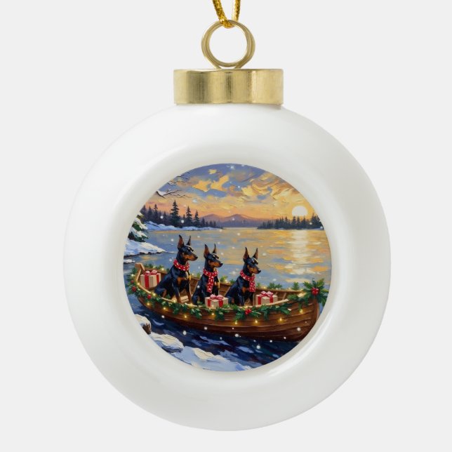 Doberman Pinscher Christmas Boat Holiday Ceramic Ball Christmas Ornament (Front)