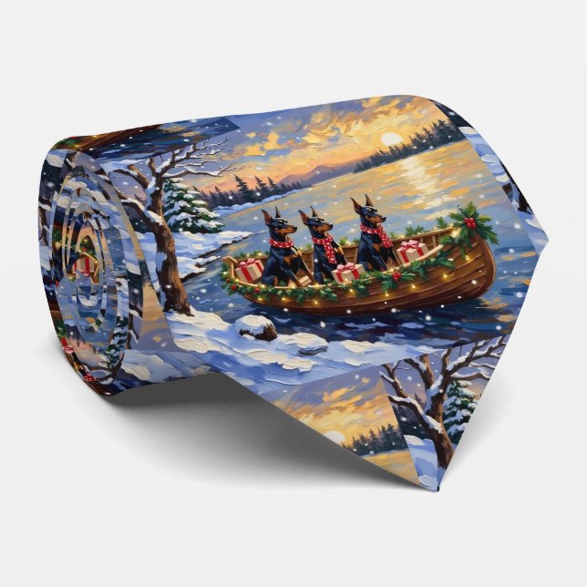 Doberman Pinscher Christmas Boat Holiday Neck Tie (Rolled)