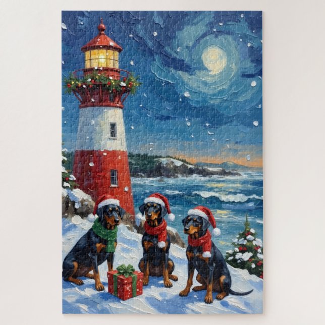 Doberman Pinscher Christmas Lighthouse Holiday Jigsaw Puzzle (Vertical)