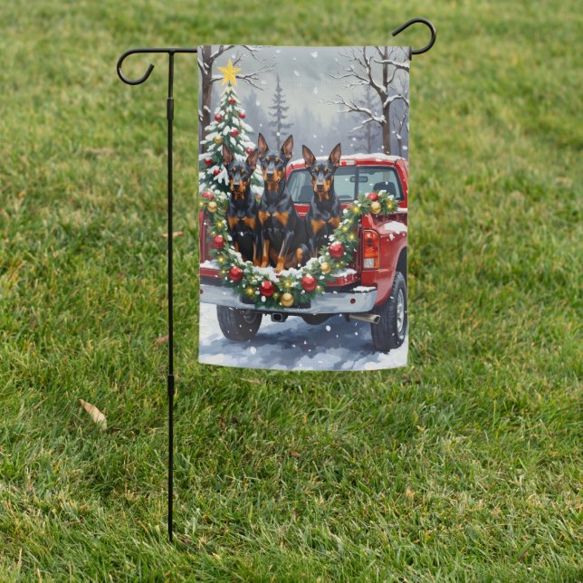 Doberman Pinscher Christmas Red Truck Holiday Garden Flag (In SItu)