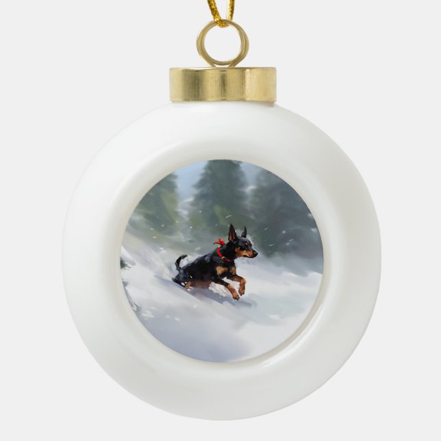 Doberman Pinscher Christmas snow winter Ceramic Ball Christmas Ornament (Front)