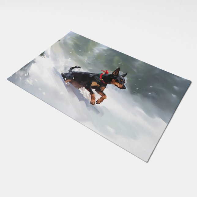 Doberman Pinscher Christmas snow winter Doormat (Angled)
