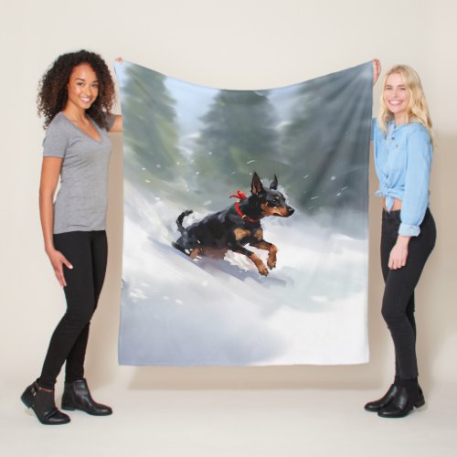 Doberman Pinscher Christmas snow winter Fleece Blanket