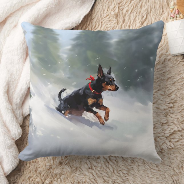 Doberman Pinscher Christmas snow winter Throw Pillow (Blanket)
