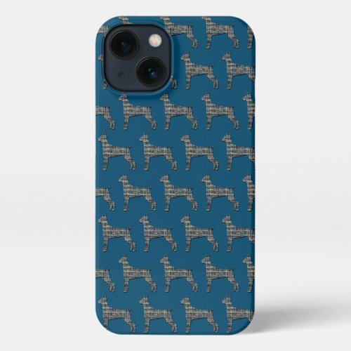 Doberman Pinscher Cute Dog Silhouette Grid Blue iPhone 13 Case