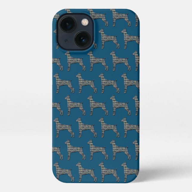 Doberman Pinscher Cute Dog Silhouette Grid Blue iPhone Case (Back)