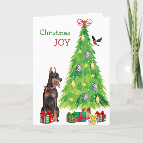 Doberman Pinscher Dog and Christmas Tree Holiday Card