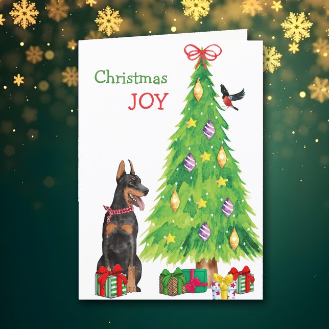 Doberman Pinscher Dog and Christmas Tree Holiday Card (Creator Uploaded)