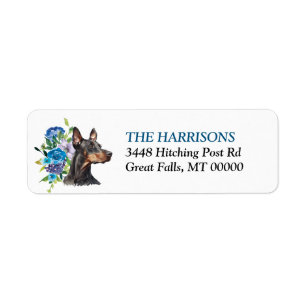 Doberman Pinscher Dog Blue Floral Return Address Label