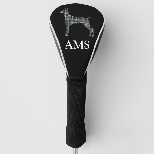 Doberman Pinscher Dog Cute Silhouette Y&B Grid Golf Head Cover (Front)