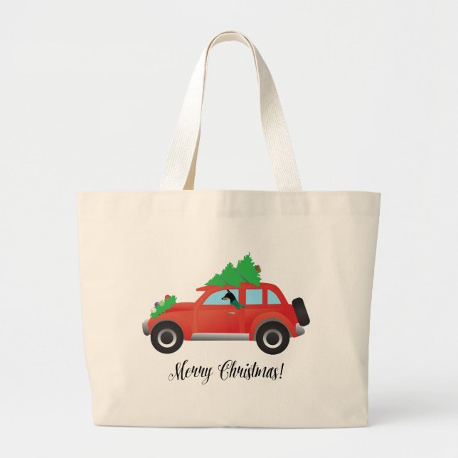 Doberman Pinscher Dog Driving a Car - tree on top Large Tote Bag (Front)
