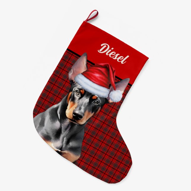 Doberman Pinscher Dog Holiday Plaid Personalized Large Christmas Stocking (Front (Hanging))