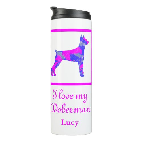 Doberman Pinscher Dog Hot Pink  Blue Silhouette Thermal Tumbler