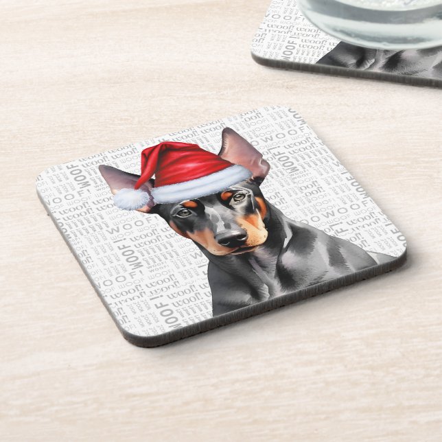 Doberman Pinscher Dog in a Santa Hat Holiday Beverage Coaster (Left Side)