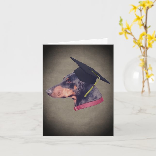 Doberman Pinscher Dog In Graduation Cap Note Card (Yellow Flower)