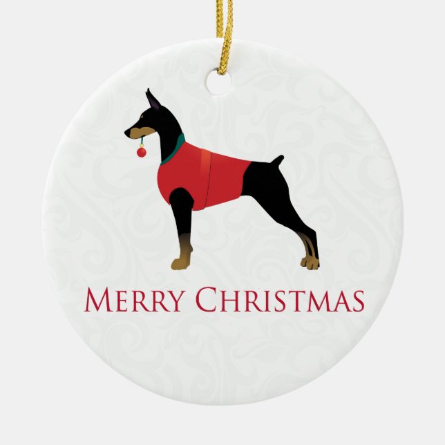 Doberman Pinscher Dog Merry Christmas Design Ceramic Ornament (Front)