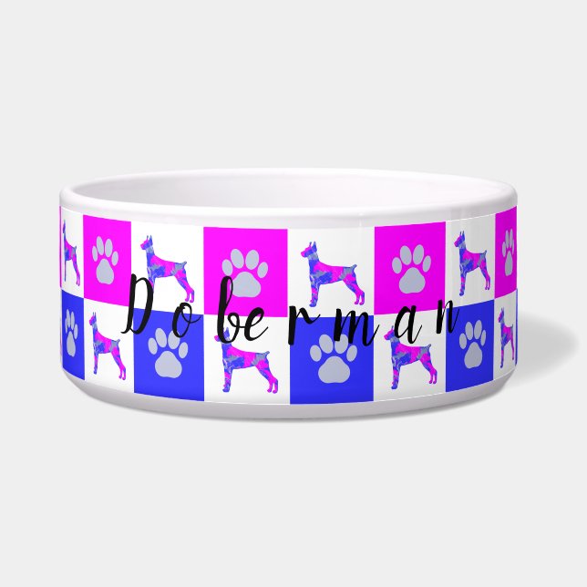 Doberman Pinscher Dog & Paw Hot Pink & Blue Bowl (Front)