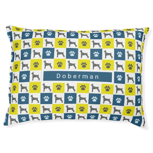 Doberman Pinscher Dog  Paw Print Yellow Grid Pet Bed
