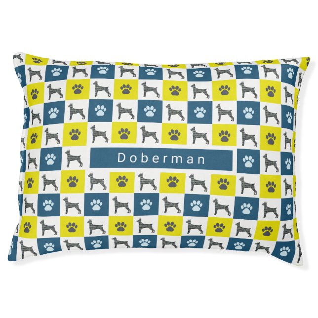 Doberman Pinscher Dog & Paw Print Yellow Grid Pet Bed (Front)
