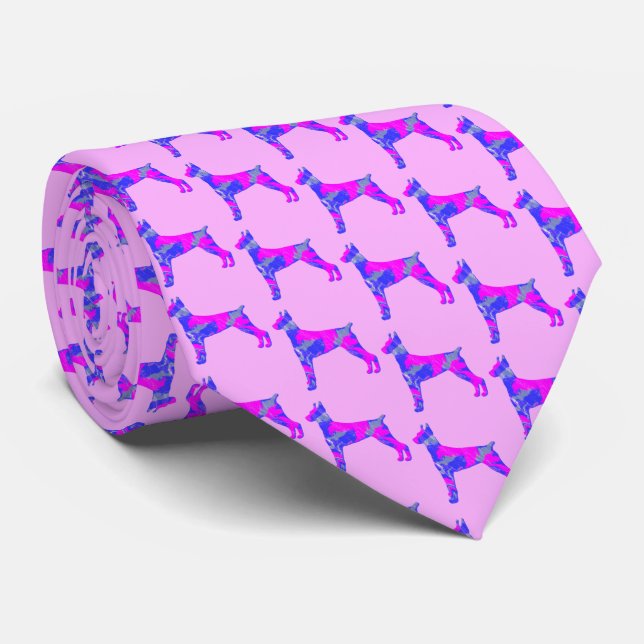 Doberman Pinscher Dog PinkBlue Silhouette Pink Neck Tie (Rolled)