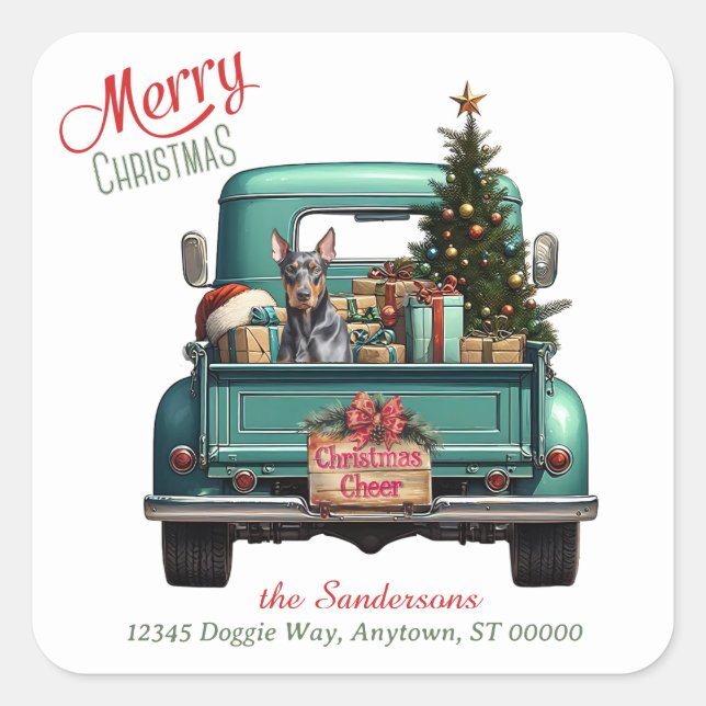 Doberman Pinscher Dog Retro Truck Christmas Square Sticker (Front)