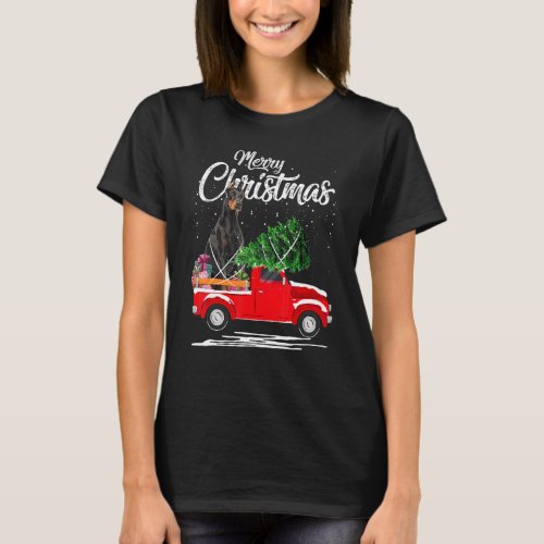Doberman Pinscher Dog Ride Red Truck Christmas Paj T_Shirt