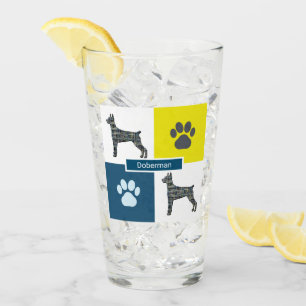 Doberman Pinscher Dog Silhouette & Paw Y&B Grid Glass