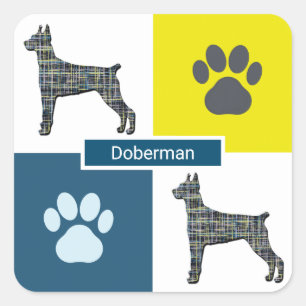 Doberman Pinscher Dog Silhouette & Paw Y&B Grid Square Sticker