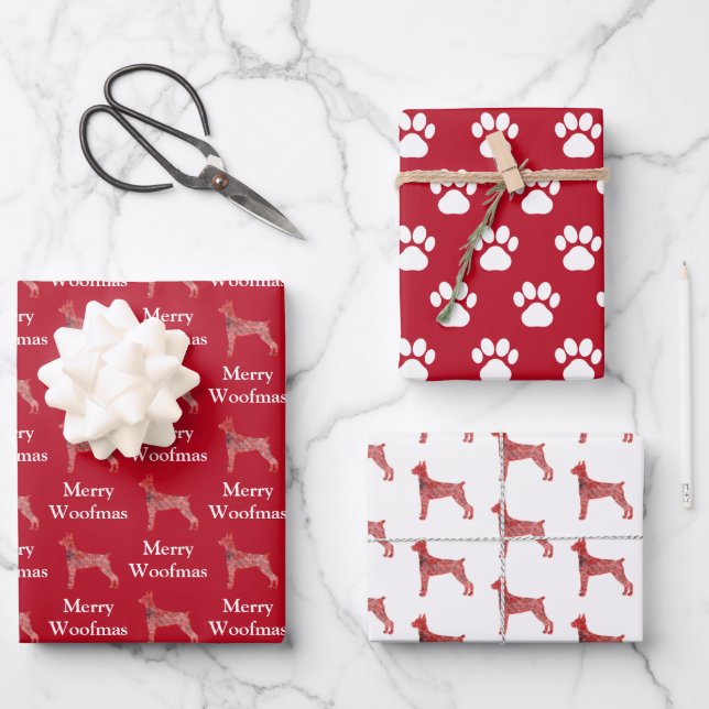 Doberman Pinscher Dog Silhouette Red Merry Woofmas Wrapping Paper Sheets (Front)