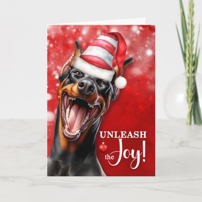 Doberman Pinscher Dog Unleash the Joy Christmas Holiday Card (Front)