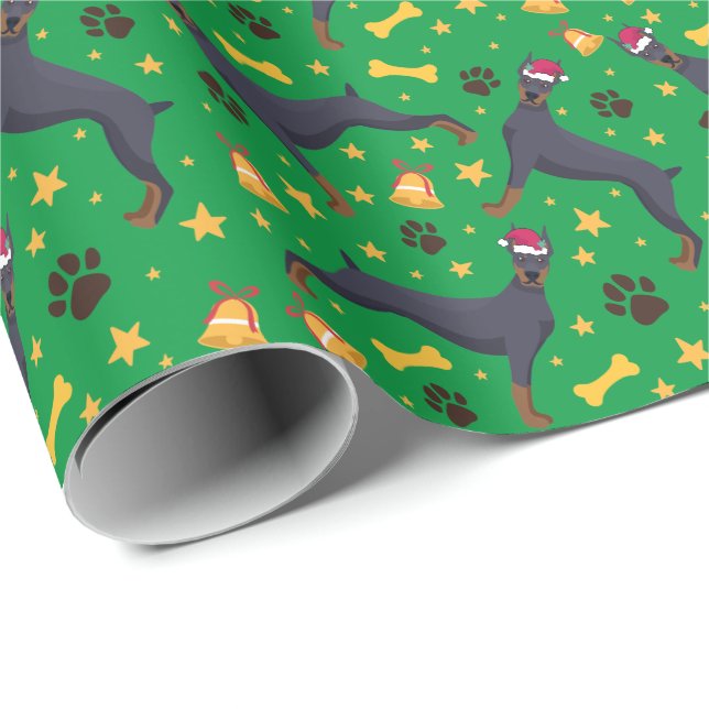 Doberman Pinscher Dog With Santa Hat Christmas Wrapping Paper (Roll Corner)