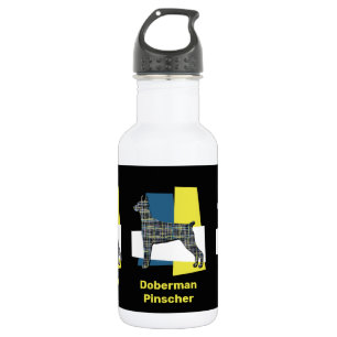 Doberman Pinscher Dog Yellow & Blue Grid Stainless Steel Water Bottle