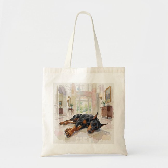 Doberman Pinscher Dozing Across The Mansion Foyer  Tote Bag
