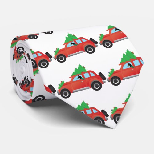 Doberman Pinscher driving car w Christmas tree Tie
