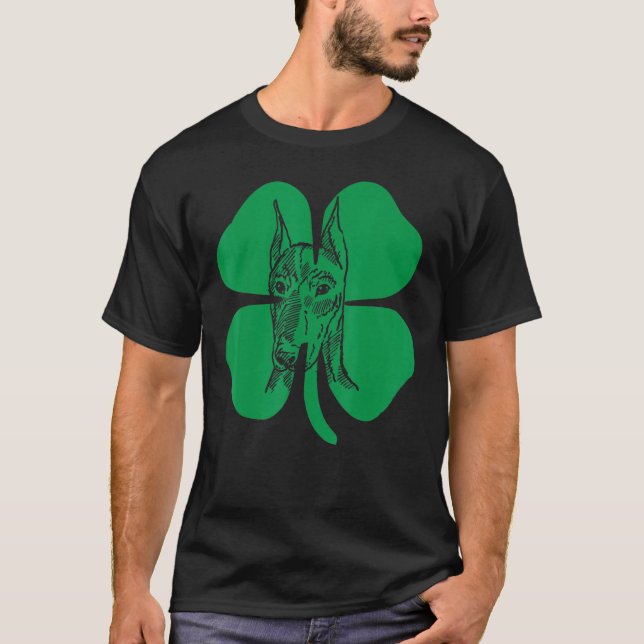 Doberman Pinscher Head Green Shamrock Saint Patric T-Shirt (Front)