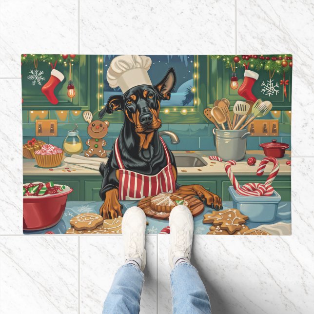 Doberman Pinscher Holiday Baking Festive Christmas Doormat (Indoor)