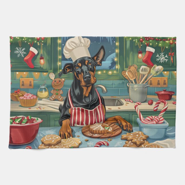 Doberman Pinscher Holiday Baking Festive Christmas Kitchen Towel (Horizontal)