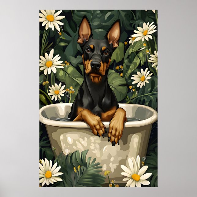 Doberman Pinscher In Bathtub Poster, Funny Dog Poster (Front)