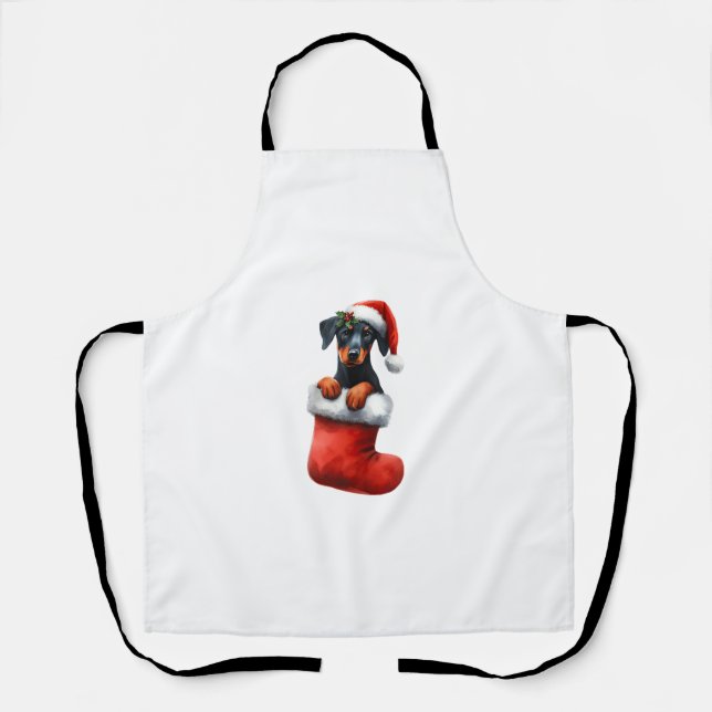 Doberman Pinscher In Sock Christmas Santa Hat Xmas Apron (Front)